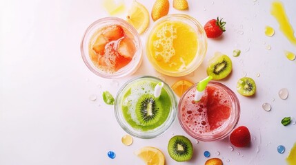 Fresh fruit juice drinks, summer refreshment, white background, healthy lifestyle, food photography