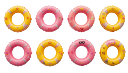 Realistic inflatable swim ring with pink and yellow color combination for summer beach and pool fun. Floating water safety tube PNG
