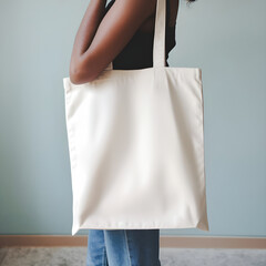 Tote bag mockup. Closeup African American woman carrying white cotton fabric canvas blank totebag against blue green wall