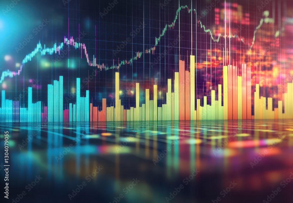 Poster colorful abstract data visualization with chart trends and stock market analysis graphics for financ