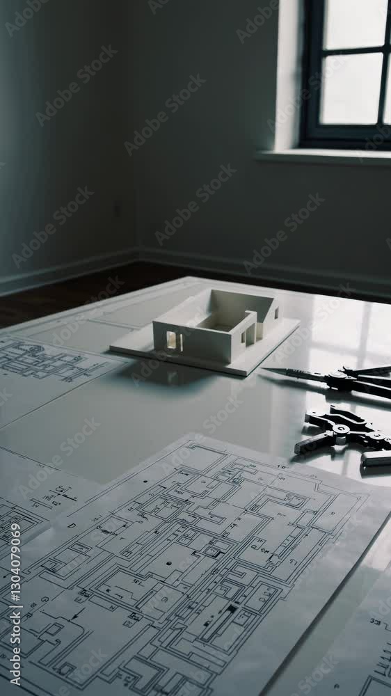 Poster architectural model and blueprints on a table, captured from a low angle. the video style is minimal