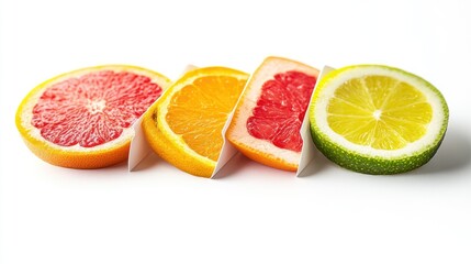 Citrus fruit slices, vibrant colors, white background, healthy food