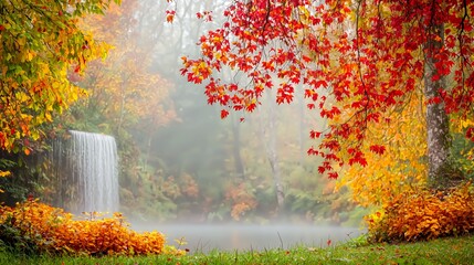 Misty Waterfall in Autumn Forest with Vibrant Red and Yellow Leaves