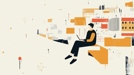 The image is a stylized illustration depicting a person sitting on a geometric, abstract structure, working on a laptop. The person is rendered in simple, flat shapes, predominantly black