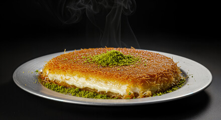 Turkish Künefe Dessert - Shredded kadayıf pastry layered with gooey melted cheese, soaked in sweet syrup, and topped with crushed pistachios