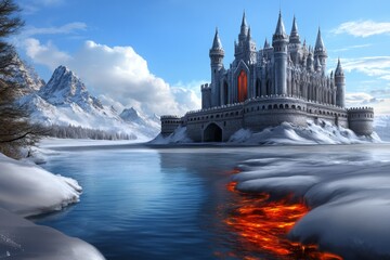 A floating ice castle on one side and a blazing lava fortress on the other, representing two extreme temperature realms