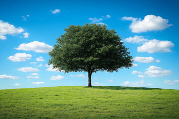 Obraz premium a blue sky with white clouds, a green grassy field, and a single tree.