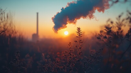 Fototapeta premium Industrial Chimney Emitting White Smoke at Sunset