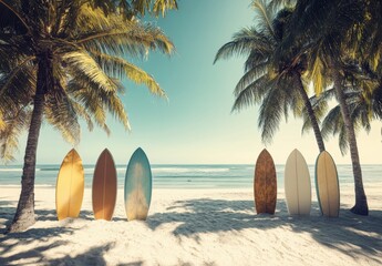 Colorful Surfboards Lined Up on a Tropical Beach Under Palm Trees with Clear Blue Sky and Calm Ocean Waves Creating a Perfect Summer Vibe