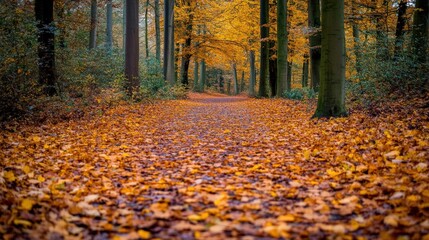 Obraz premium Serene Autumn Pathway Surrounded by Vibrant Yellow and Orange Leaves in a Forest