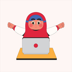 Muslim Girl Student Watching Laptop Cartoon Character Illustration