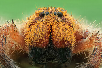Extreme close up orange and hairy huntsman spider (heteropoda javana)