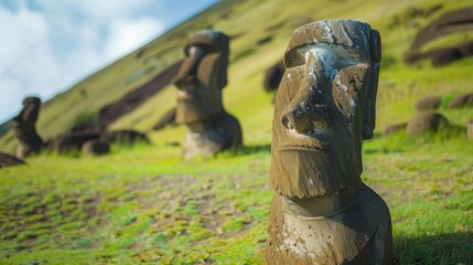 Majestic Moai Statues on Easter Island Amidst Lush Green Landscape and Sky Background