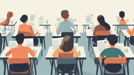 A digitally created illustration showing the backs of multiple students sitting at desks in a classroom setting.  The illustration style is flat, vector-based, featuring muted color