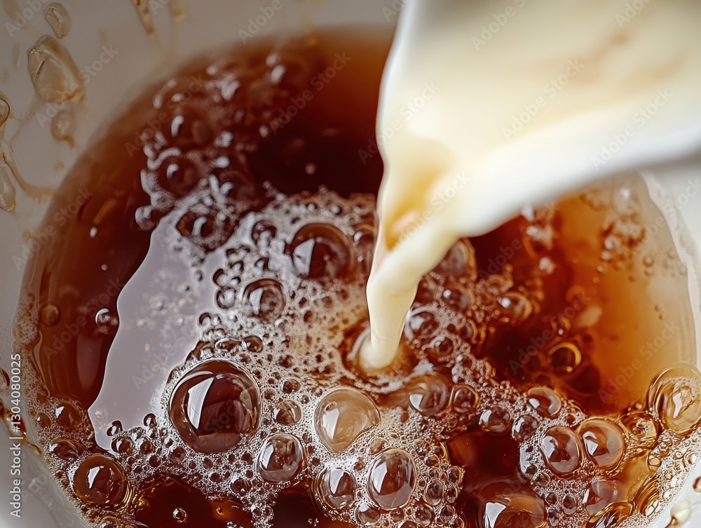 Poster cream pouring into dark brown liquid with bubbles creating a swirling effect in a close-up view of a