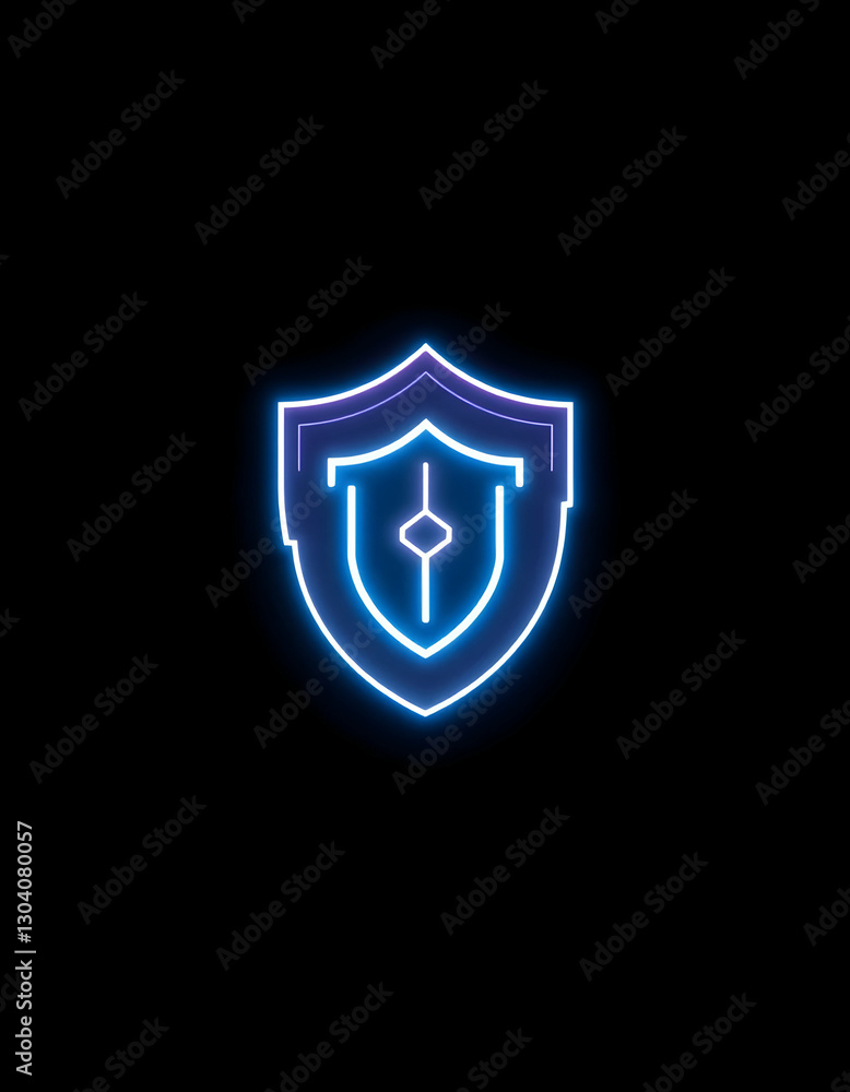 Poster glowing shield symbol with neon style design on dark background