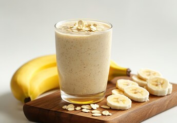Creamy Banana Oat Smoothie in Tall Glass with Sliced Bananas and Oats on Wooden Board Captured in Natural Light