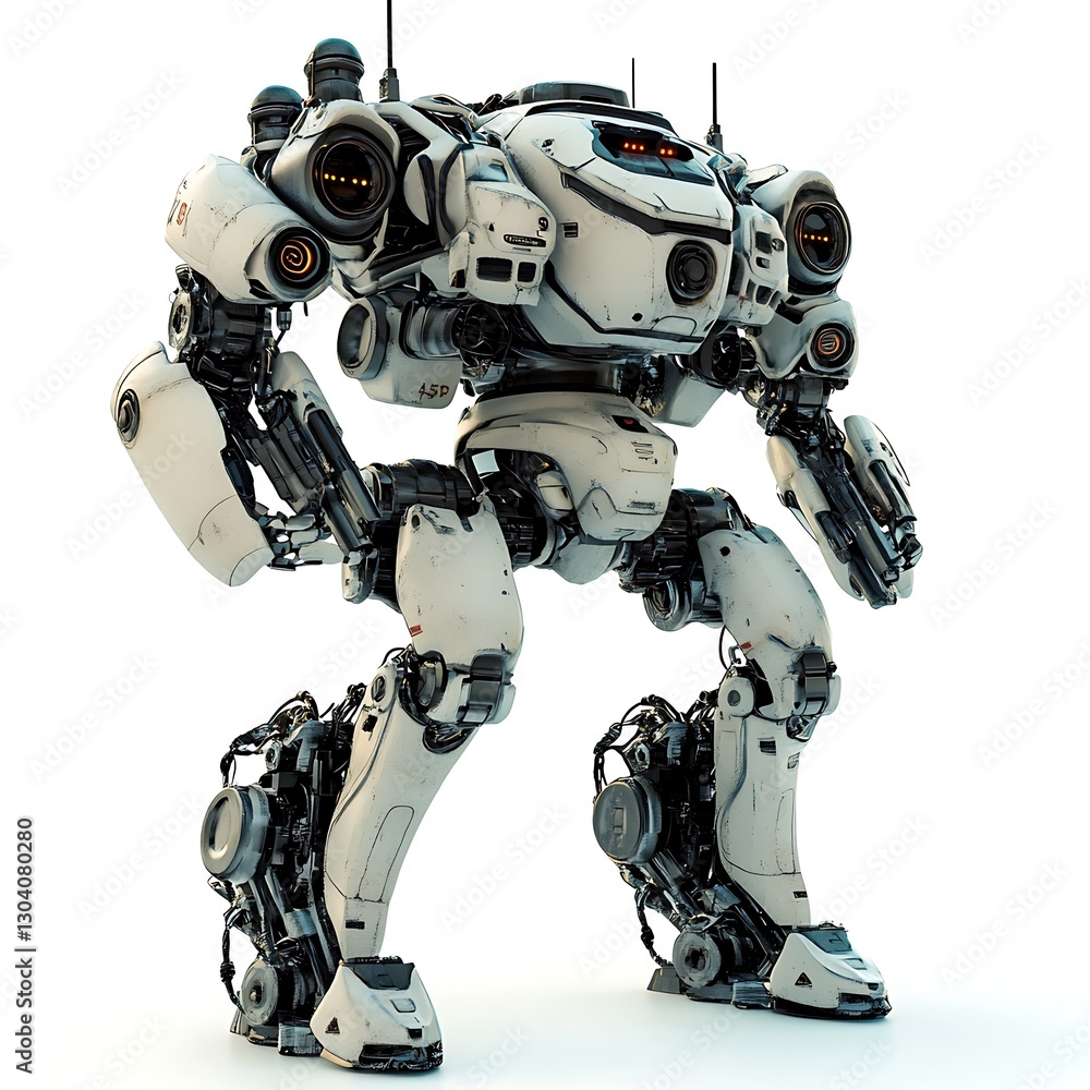 Poster techno-warrior: a formidable futuristic robot strides forward with an imposing presence, showcasing 