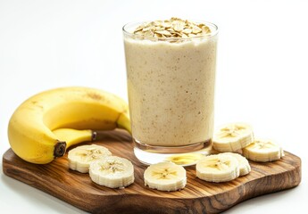 Creamy Banana Smoothie with Oats Topped with Oat Flakes Served with Fresh Banana Slices on a Wooden Cutting Board