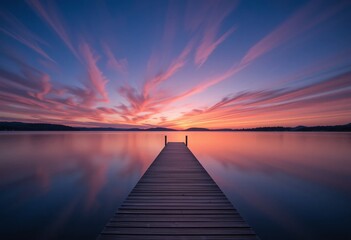 Naklejka premium Serene Lake Sunset, Wooden Dock. Dramatic Sky Reflection. Pink Orange Purple Clouds. Wide Angle Peaceful Evening. Nature's Tranquility And Beauty. Stunning Landscape Scenery. Dreamy.