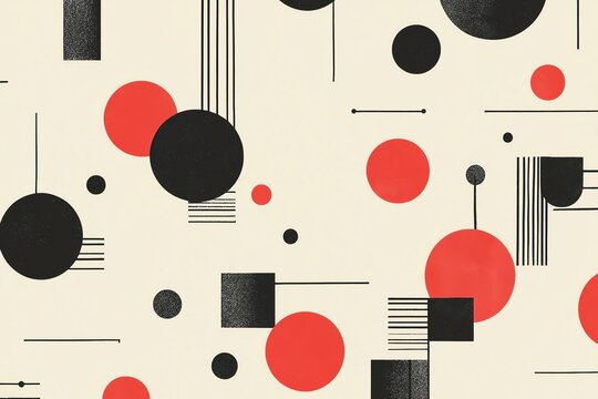 Rhythmic geometric pattern with 1930s constructivist principles, asymmetrical balance, minimal black and red shapes on cream background, architectural influence