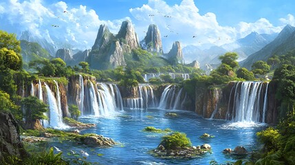 Fototapeta premium Serene Waterfall Landscape with Lush Green Mountains and Blue Sky