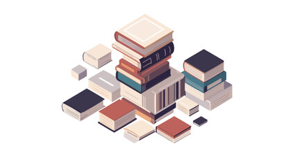 The image is a digital illustration depicting a collection of books rendered in an isometric perspective.  The books are various sizes and colors, with some stacked vertically creating a