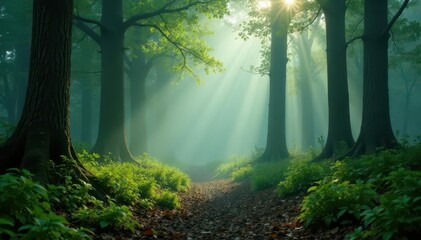 Obraz premium Ancient woods shrouded in morning mist, vibrant green shoots emerging, nature, wild