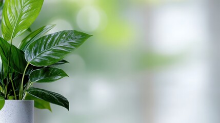 Obraz premium A lush green plant in a simple pot, set against a soft, blurred background, creating a calming and fresh atmosphere.