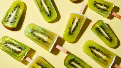 Fruit homemade popsicle slices of Giwi on light yellow background.