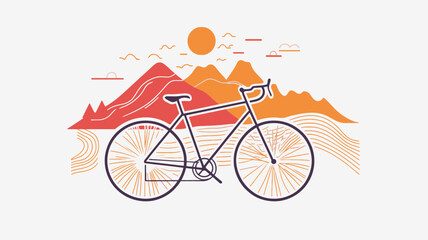 A vector illustration depicting a road bicycle positioned centrally against a stylized backdrop.  The background features simplified, minimalist representations of mountains in shades of