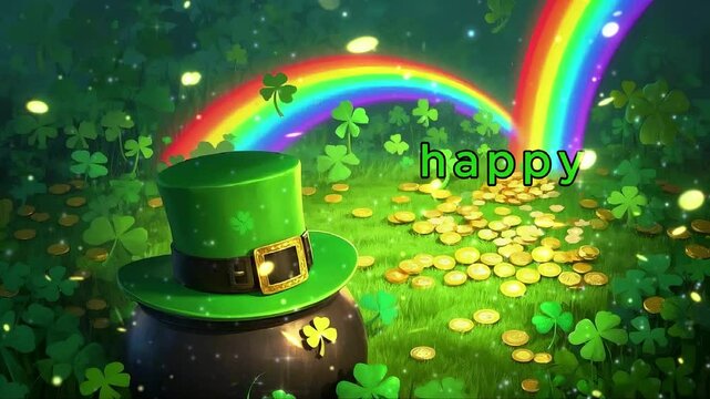 happy st patricks day text animated rainbow magical rainbow that leads to the pot hat of gold coins on a green background 4k video