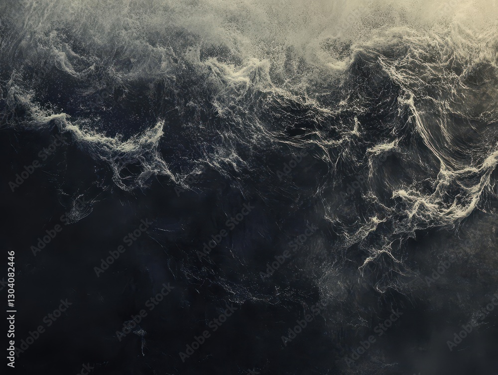 Poster dark ocean waves with foam and texture under soft light captured in a chaotic yet serene composition