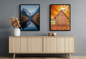 Autumnal Landscape and Cabin Prints on Wooden Cabinet