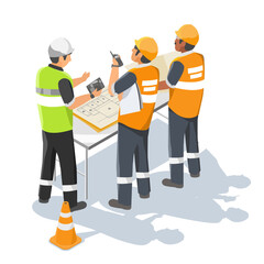 foreman and supervisor working on construction site use control radio operate crane tower work isometric isolated