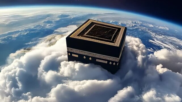 Majestic Kaaba Under Cosmic Cloud Vortex with Glowing Earth in Background