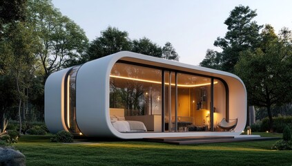 Futuristic Oval Cabin in a Tranquil Forest Setting