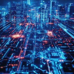 Obraz premium A vibrant digital cityscape with glowing circuits and data lines, showcasing a futuristic, high-tech environment illuminated by blue and orange lights.