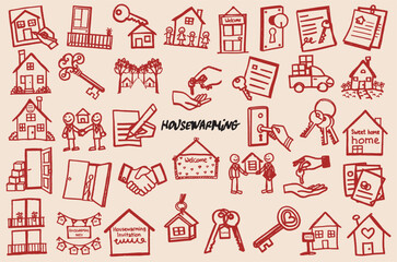 Housewarming celebration with keys, homes, and welcoming symbols, creating warm atmosphere