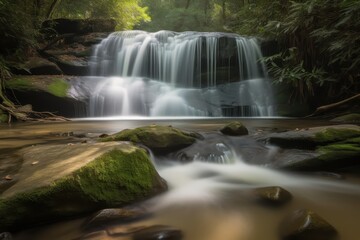 Obraz premium A serene waterfall cascades over rocks, surrounded by lush greenery, creating a tranquil atmosphere in a natural setting.