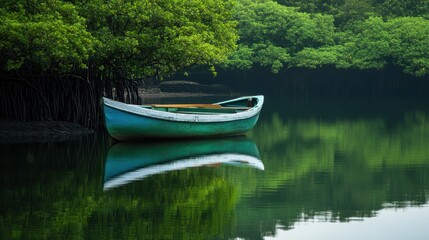 Fototapeta premium Tranquil Scene of Greenery with a Boat in a Calm Mangrove Area