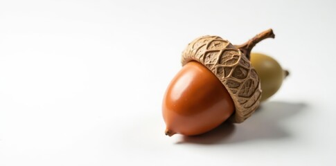 Brown acorn with attached cupule, pristine white backdrop , natural, macro