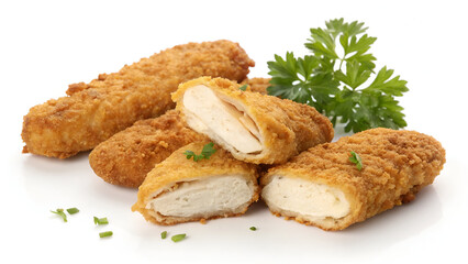 Crispy fried chicken strips or croquettes, isolated on a white background in PNG format.
