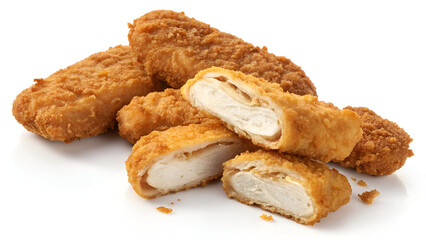 Crispy fried chicken strips or croquettes, isolated on a white background in PNG format.