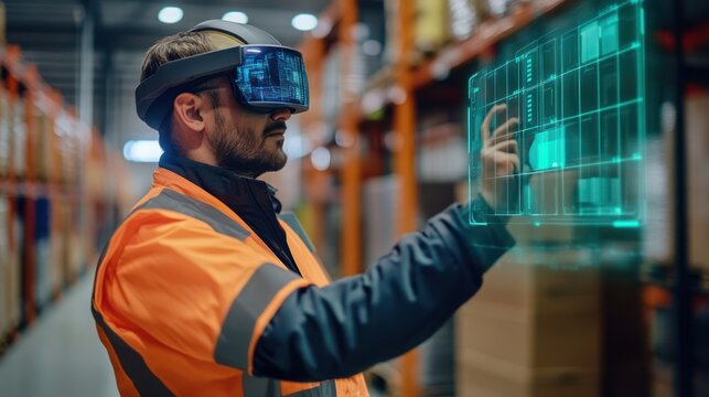 Warehouse Worker Using Virtual Reality Headset for Inventory Management
