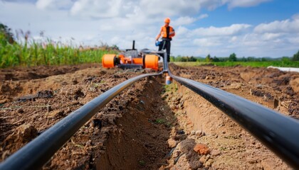 A worker operates machinery in a field, laying pipes for irrigation, surrounded by a vibrant landscape and blue skies.