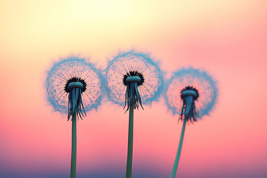 a close-up of dandelion seeds in the wind, - Powered by Adobe