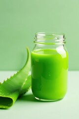 Green glass jar of aloe vera juice beside vibrant aloe leaves , beauty product, ingredient