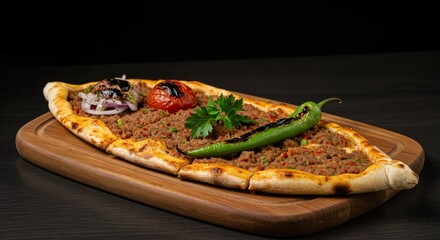 Turkish Kiymali Pide - Boat-shaped pita with minced meat, onions, tomatoes, and green peppers, baked to perfection with a slightly charred crust. Garnished with parsley and served on a wooden board