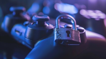 Close-up of a locked padlock on a gaming controller, symbolizing game restrictions and parental control, with gaming consoles and accessories in the background. Gaming safety and digital security conc